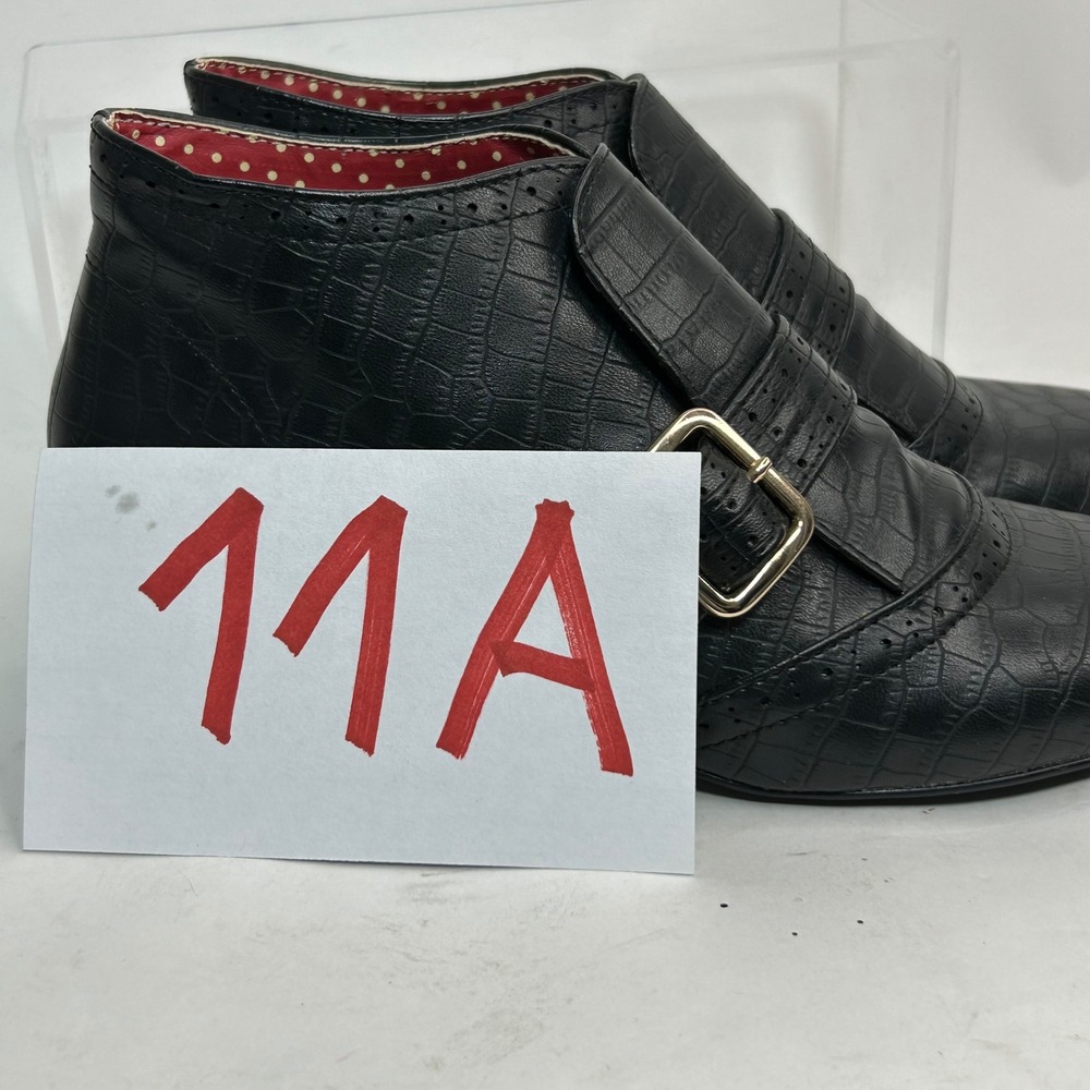 BAIT Madeline Mod Bootie Black Croc Embossed Monk Strap Ankle Boots Retro Size 7 - Picture 11 of 11
